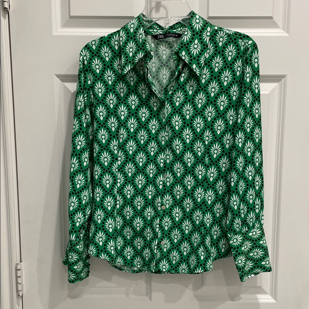Zara Emerald Floral Button Down Shirt